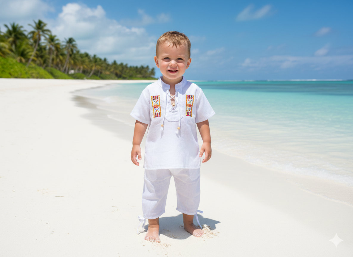 La elección ideal para los más pequeños del hogar. Este adorable conjunto de dos piezas está diseñado pensando en la piel sensible y la máxima libertad de movimiento de tu bebé. Confeccionado en tejido de algodón/manta ligero y suave, garantiza que se mantenga fresco y cómodo en el clima cálido. La camisa tipo túnica facilita el vestir gracias a su cuello abierto de cordones, y el pantalón tiene una cintura elástica muy suave, perfecta para el uso de pañal y el juego activo. Un básico fresco y elegante para cualquier evento de día, paseo familiar o bautizo de verano.