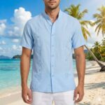 Guayabera Azul Cielo Bordada Manga Corta cuello Piloto Tabita