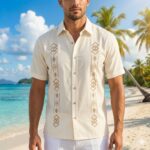 Guayabera Beige Bordada Manga Corta Cuello Corbata Tabita