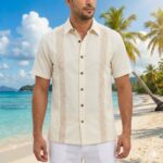 Guayabera Beige Bordada Manga Corta Cuello Corbata Tabita