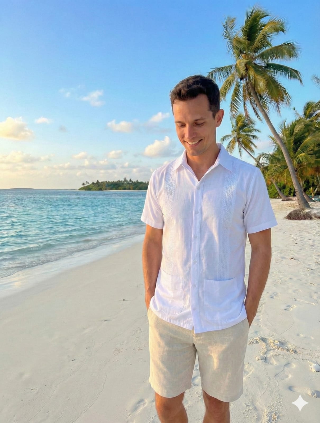 Eleva tu estilo veraniego con nuestra exclusiva guayabera de manga corta en blanco puro. Diseñada para el hombre moderno que busca frescura sin sacrificar la elegancia, esta prenda cuenta con exquisitos bordados verticales con patrones geométricos que resaltan su confección detallada. Sus bolsillos frontales y su corte relajado la convierten en la elección perfecta para bodas en la playa, eventos al atardecer o una escapada paradisíaca. Siente la brisa y luce impecable.