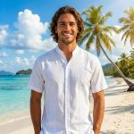 Frescura y estilo para días soleados. Esta camisa blanca con cuello mao y detalles bordados es tu aliada perfecta para eventos de día o una escapada a la playa