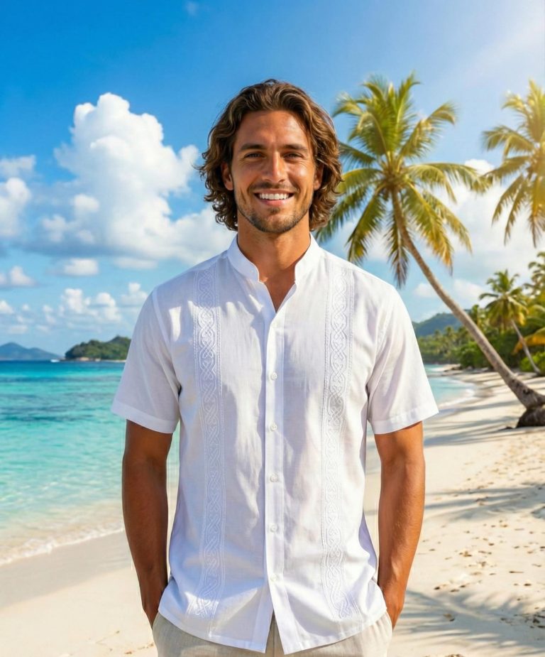 Frescura y estilo para días soleados. Esta camisa blanca con cuello mao y detalles bordados es tu aliada perfecta para eventos de día o una escapada a la playa