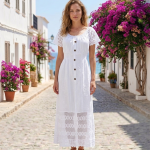 Vestido Largo Blanco Botones Mangas