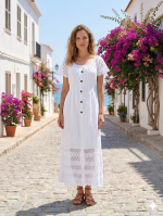 Vestido Largo Blanco Botones Mangas