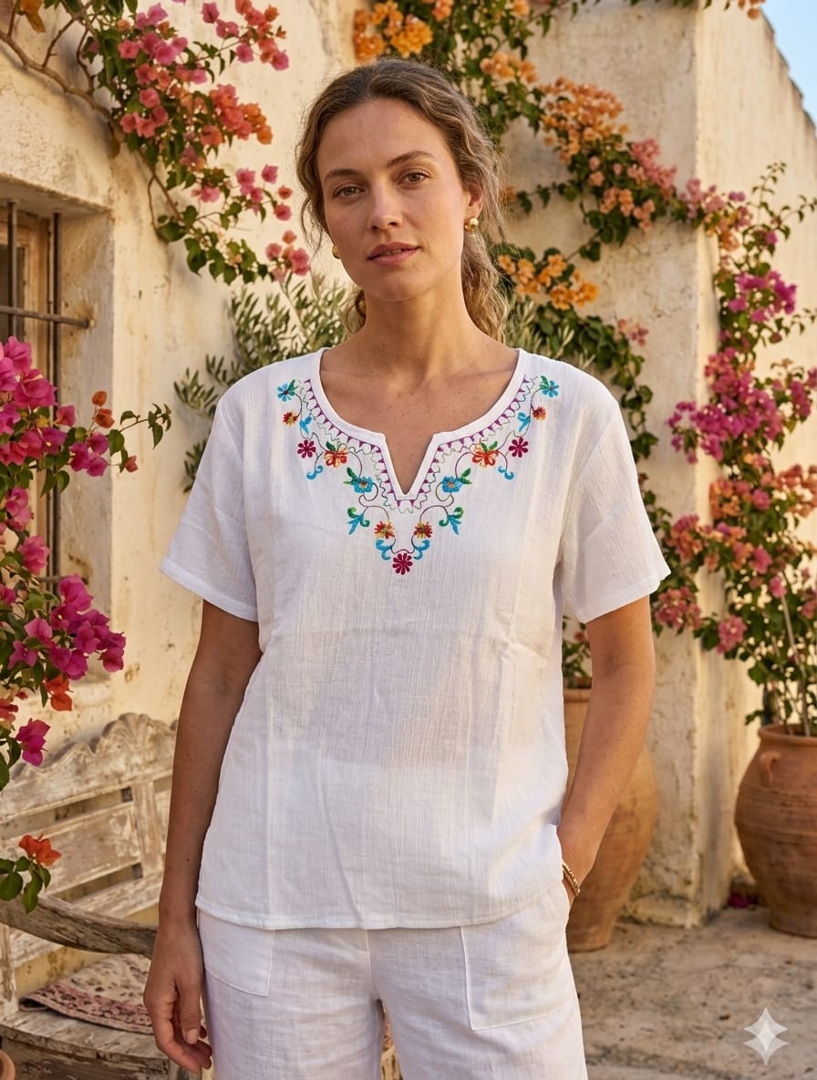 Blusa L Blanca Bordada Hindú Cerrada R.3535 Blusa L Blanca Bordada Hindú Cerrada R.3535 - Image 1