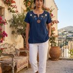 Blusa M Azul Bordada Hindú Cerrada R.3529