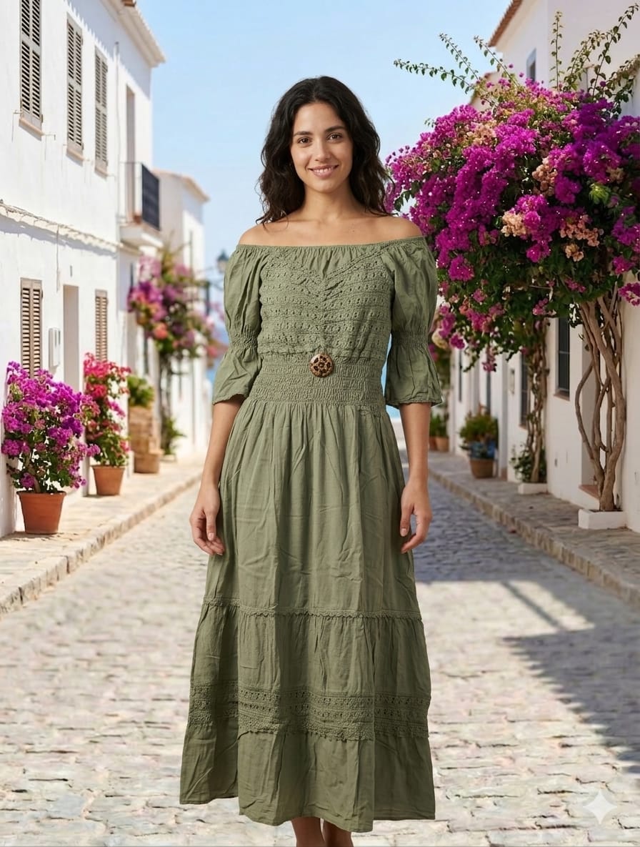 Vestido Largo Verde Oliva Mangas Graciela - Image 1