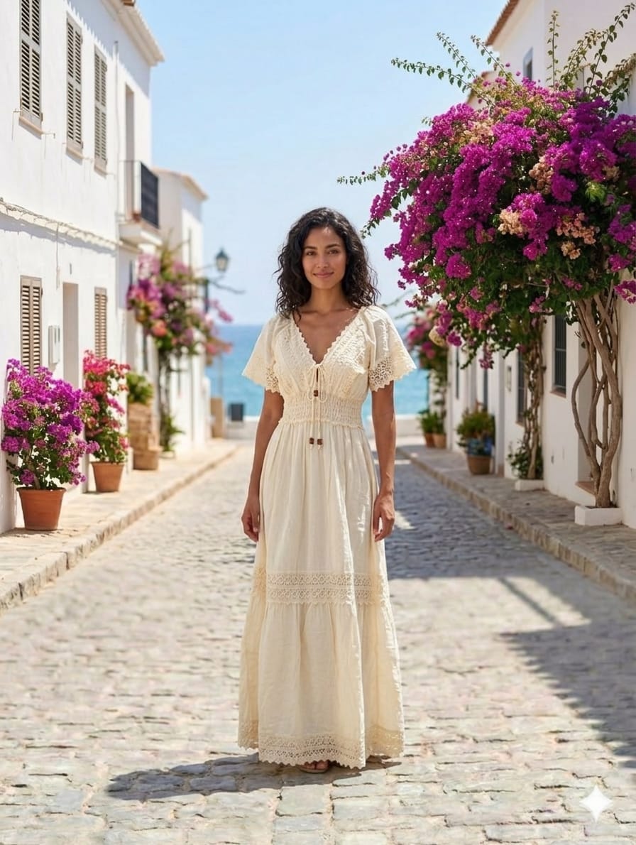 Vestido Largo Beige Mangas Graciela - Image 1