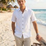 Guayabera Blanca Boton Cafe Manga Corta Tabita