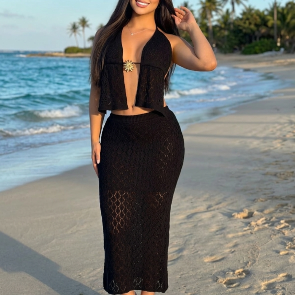 Conjunto Negro Top Aplique/Falda Larga Hilo Gissela
