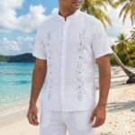 Guayabera Blanca Bordada Manga Corta Cuello Piloto Tabita