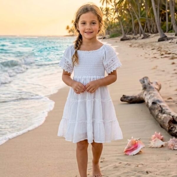 Vestido Niña Blanco Resorte Mangas
