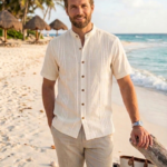 Guayabera Beige Boton Cafe Manga Corta Cuello Piloto Tabita