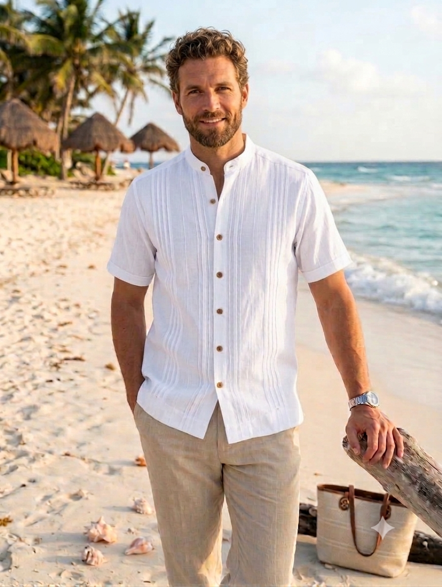 Guayabera Blanca Boton Cafe Manga Corta Cuello Piloto Tabita - Image 1