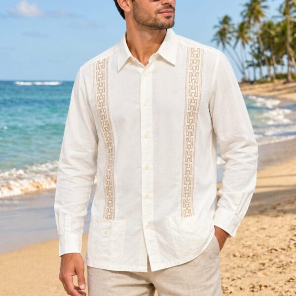 Guayabera Beige Cuello Corbata Con Bolsillo Manga Larga Graciela