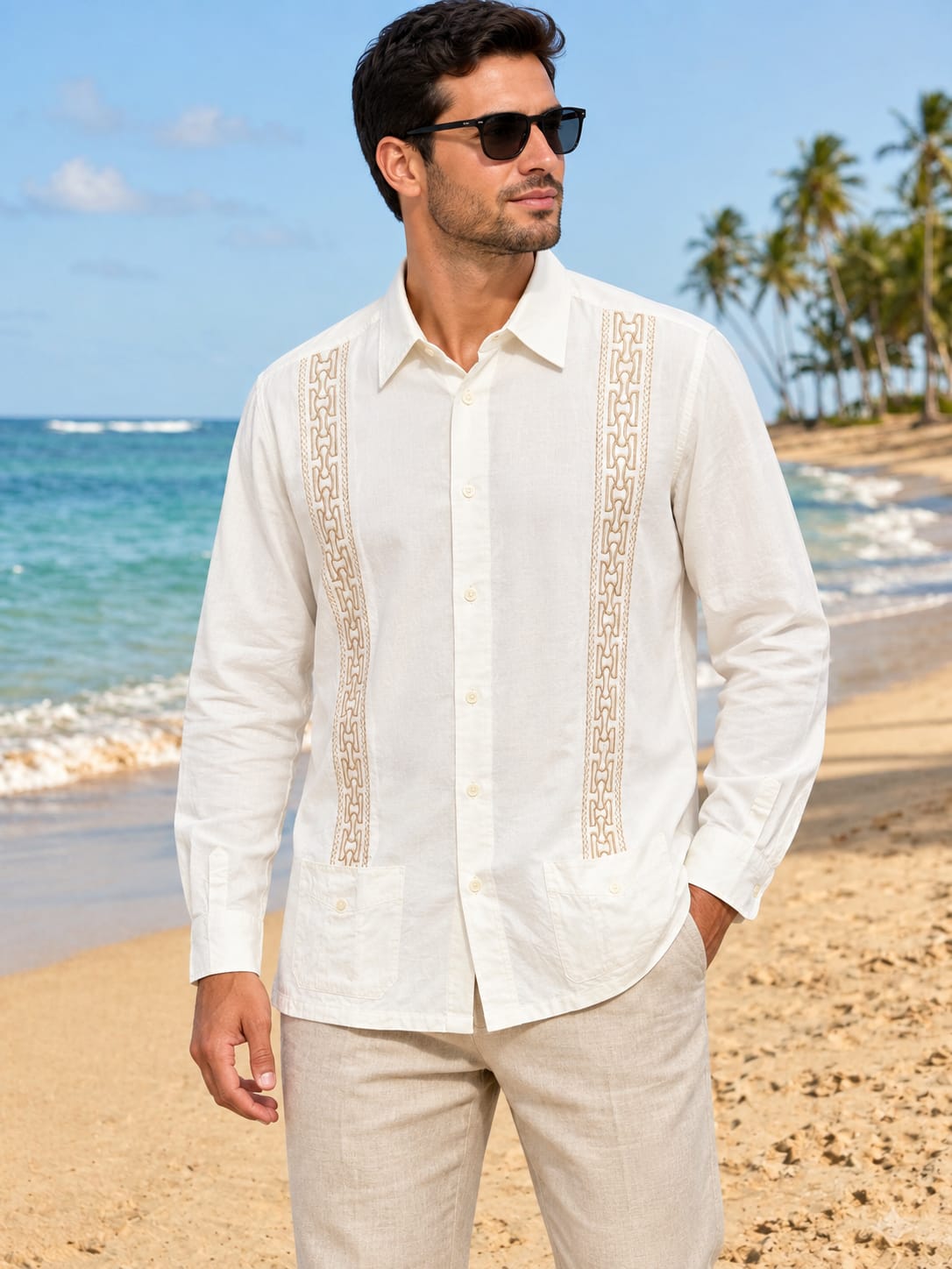Guayabera Beige Cuello Corbata Con Bolsillo Manga Larga Graciela Guayabera Beige Cuello Corbata Con Bolsillo Manga Larga Graciela - Image 1