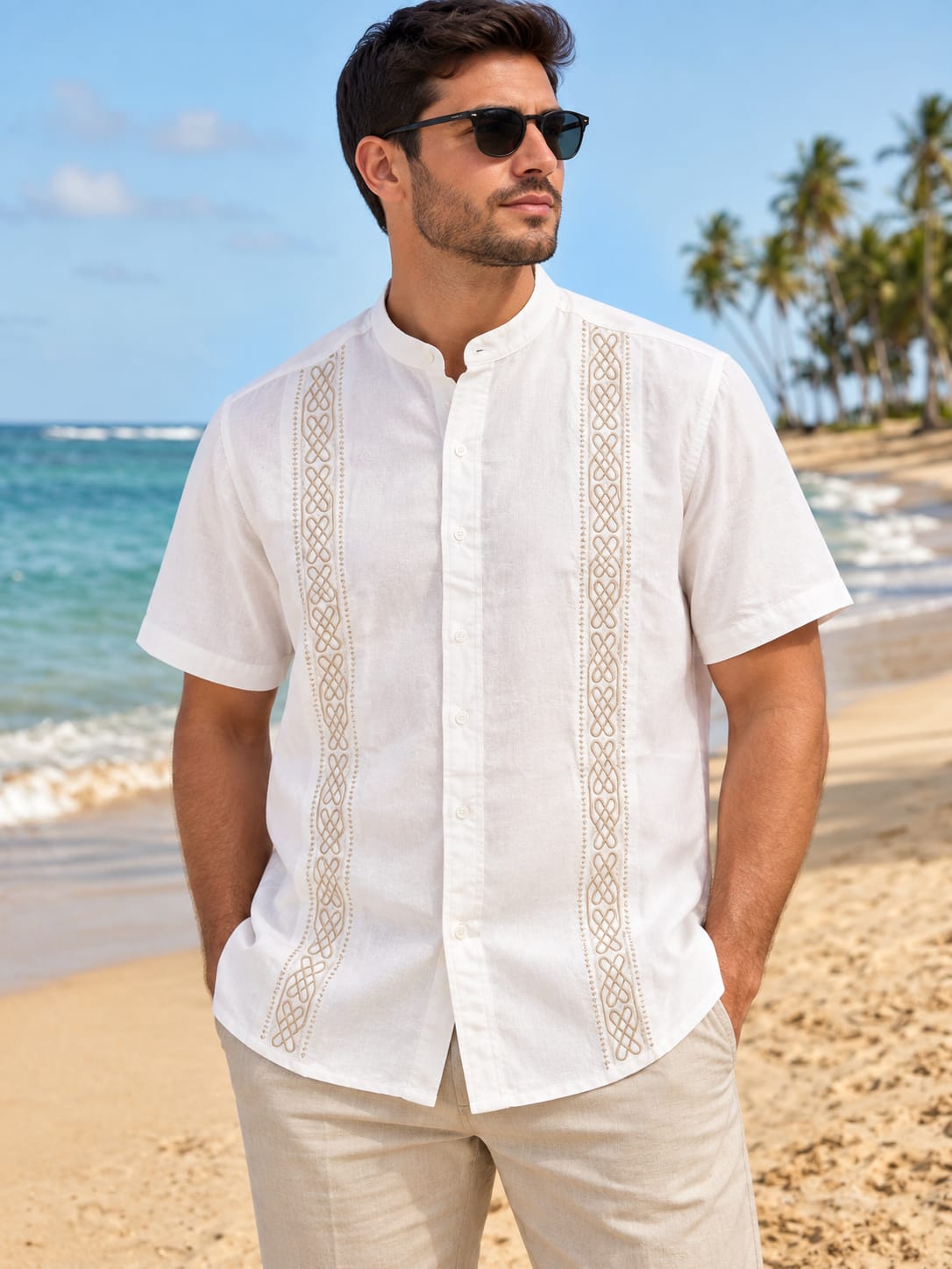 Guayabera Beige Manga Corta Cuello Piloto Graciela (1) Guayabera Beige Manga Corta Cuello Piloto Graciela - Image 1
