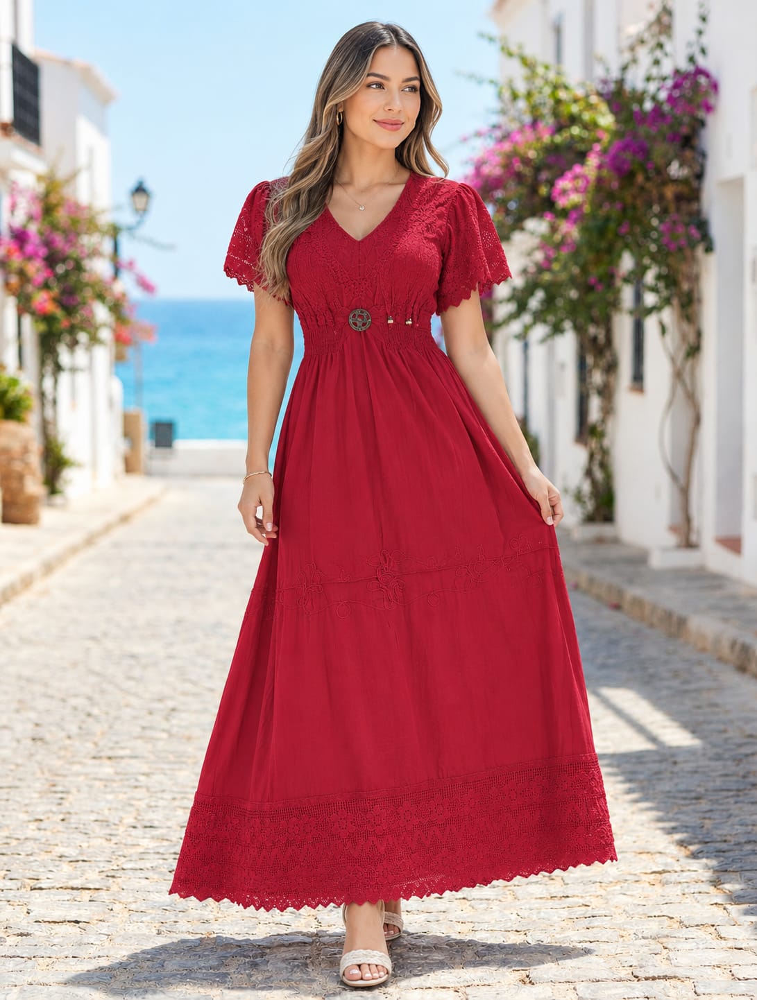 Vestido Rojo Largo Botón Mangas - Image 1