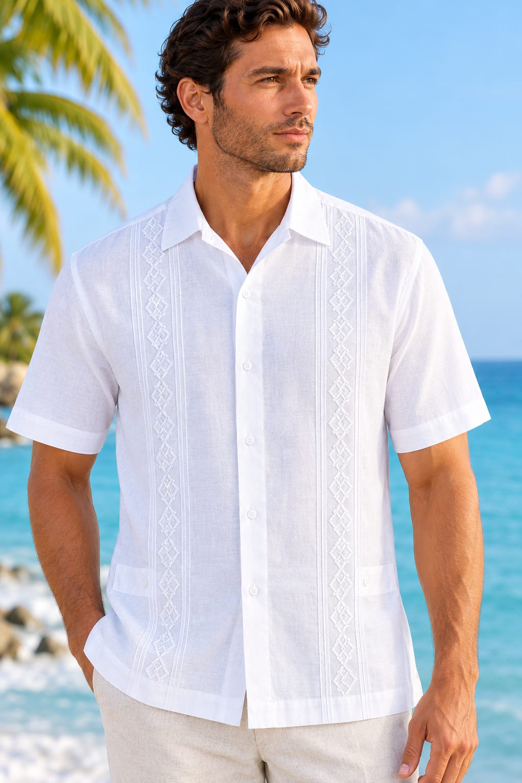 WhatsApp Image 2026-10-28 at 6.24.21 PM (1) Guayabera Blanca Bordada Manga Corta Cuello Corbata Tabita - Image 1